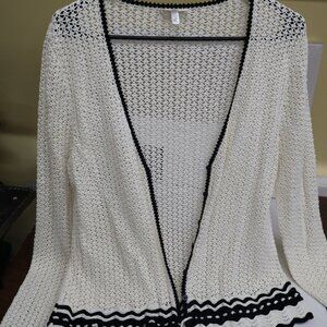 Escada Open-Knit Crochet Sweater Cardigan – Cream & Black Trim – Size 44 (Fits U